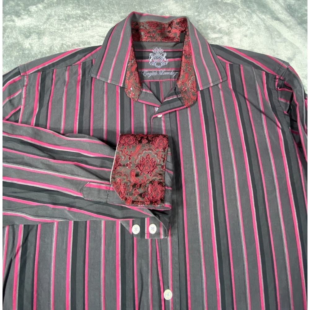 English Laundry Dress Shirt Mens Large Black Red Striped Button Up Paisley Cuff